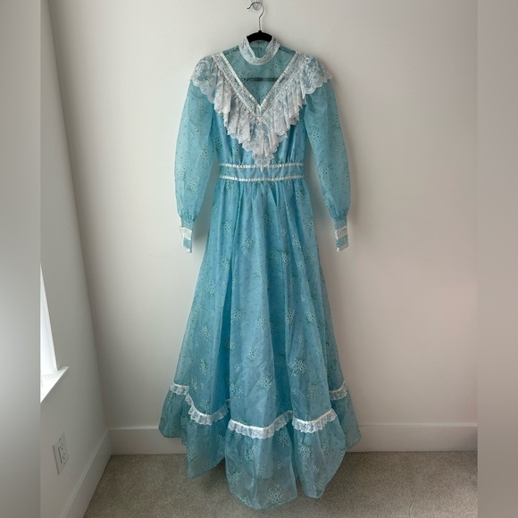 Vintage 70s Gunne Sax Style Blue Prairie Dress High Neck Lace Trim Cottagecore - Picture 1 of 15